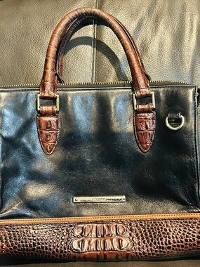 Brahmin Black Leather Tote with Brown Croc-Texture Trim